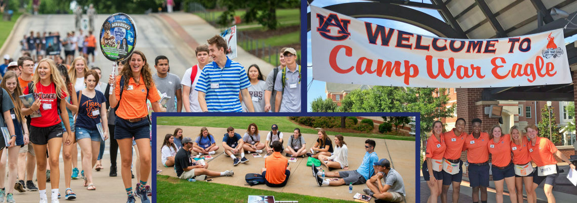 3 photos- CC leading small group talk, CC walking with group, small group of CCs in front of welcome to Camp War Eagle sign