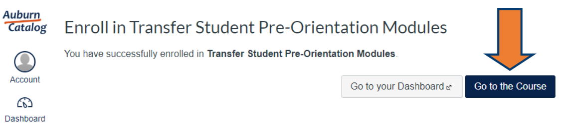 Screenshot of Auburn Catalog screen - Arrow pointing to button that says Go to the Course